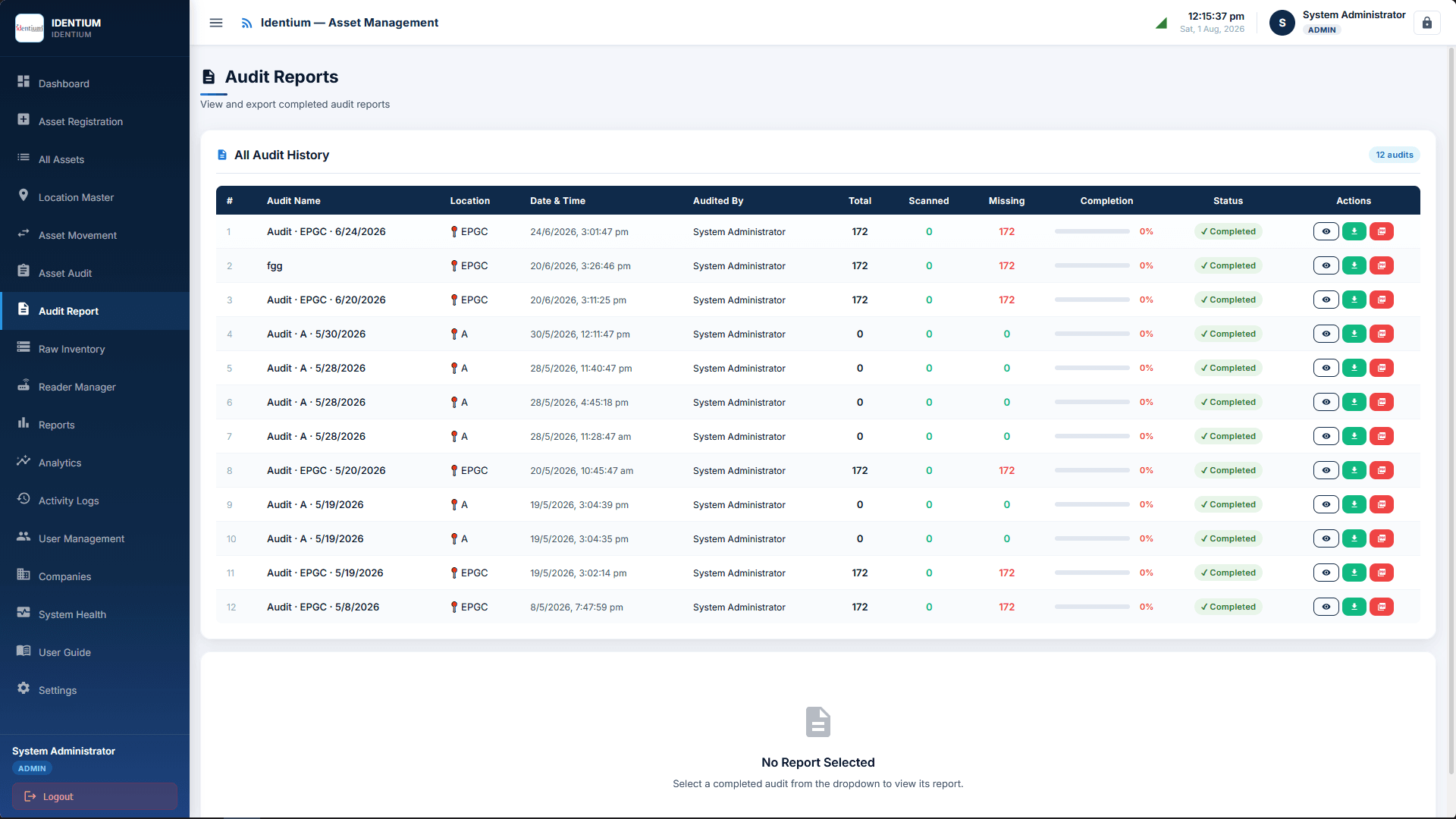 Audit reports: twelve completed RFID audits with scanned versus missing counts and per-row exports