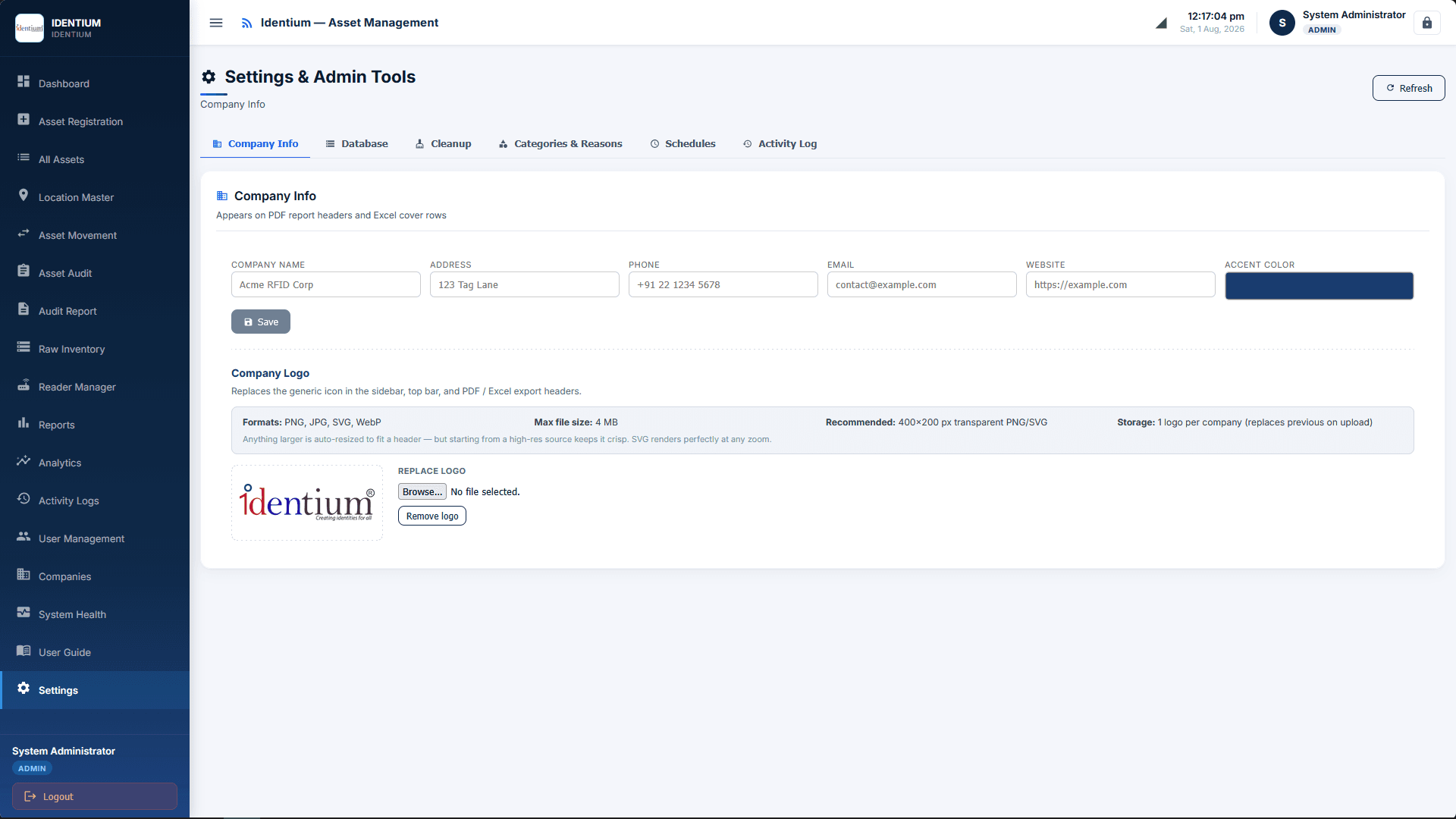 White-label settings: per-tenant name, logo and accent colour applied to PDF and Excel exports