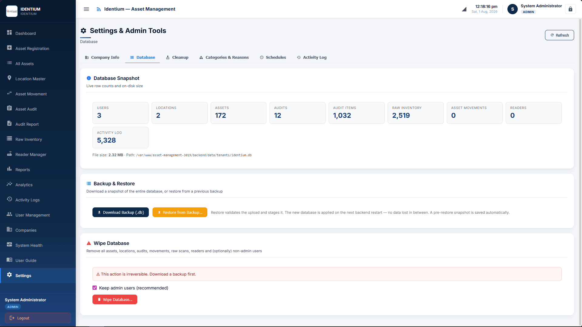 Database tab with live row counts, the tenant SQLite path and backup controls