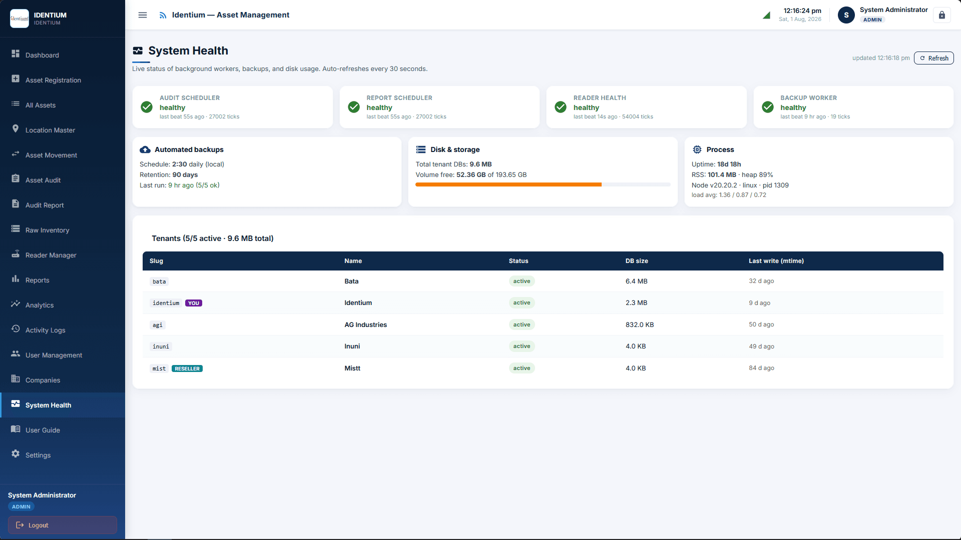 System health: background workers, backup retention and every tenant database with its size and last write