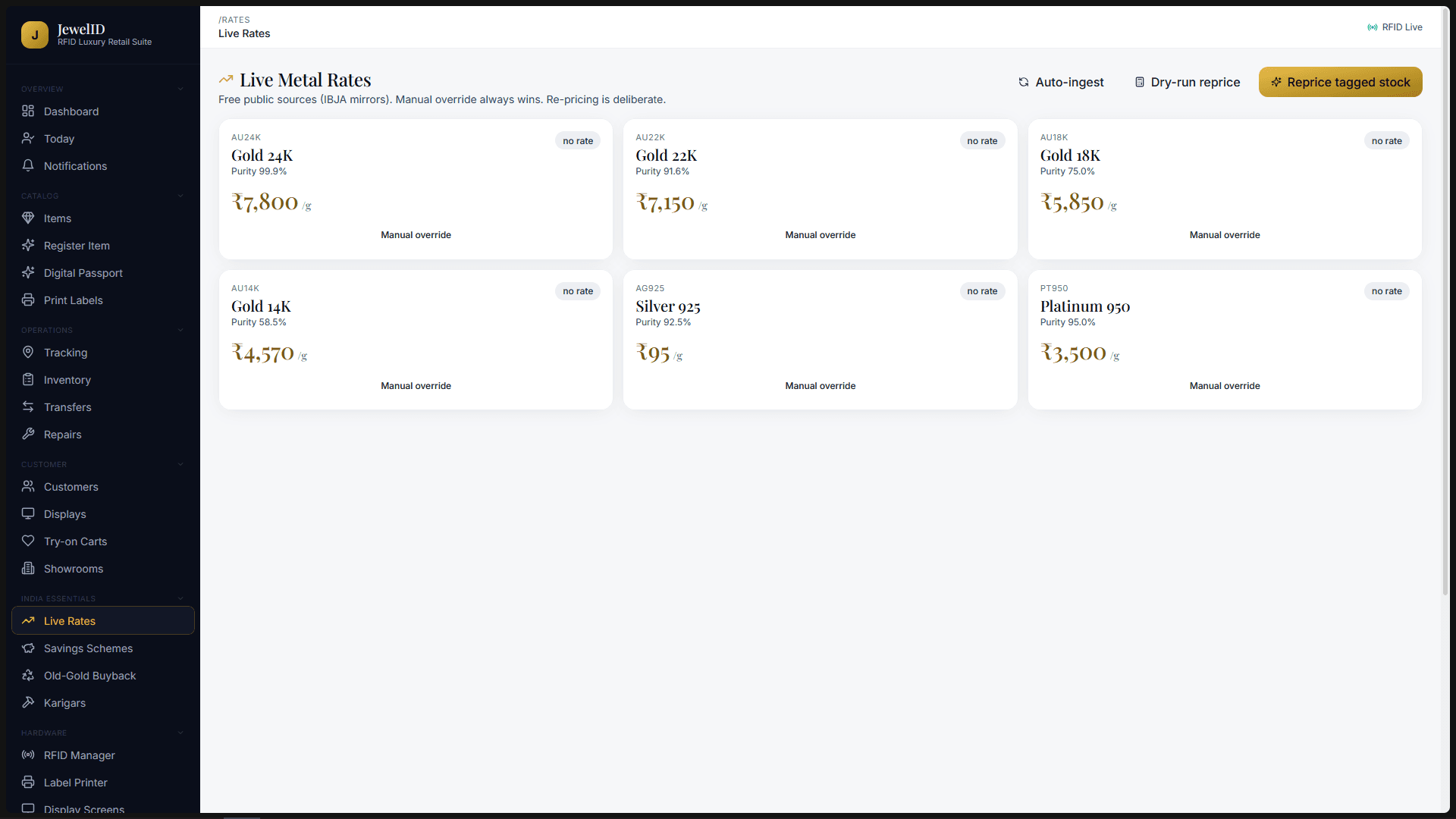 Live metal rates with manual override and deliberate repricing