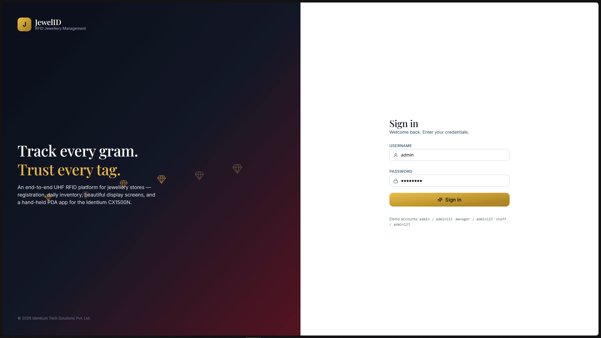 JewelID login screen