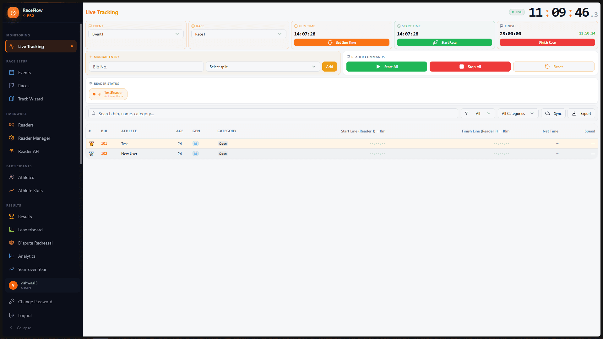 RaceFlow Pro live tracking with an active reader and race clock running