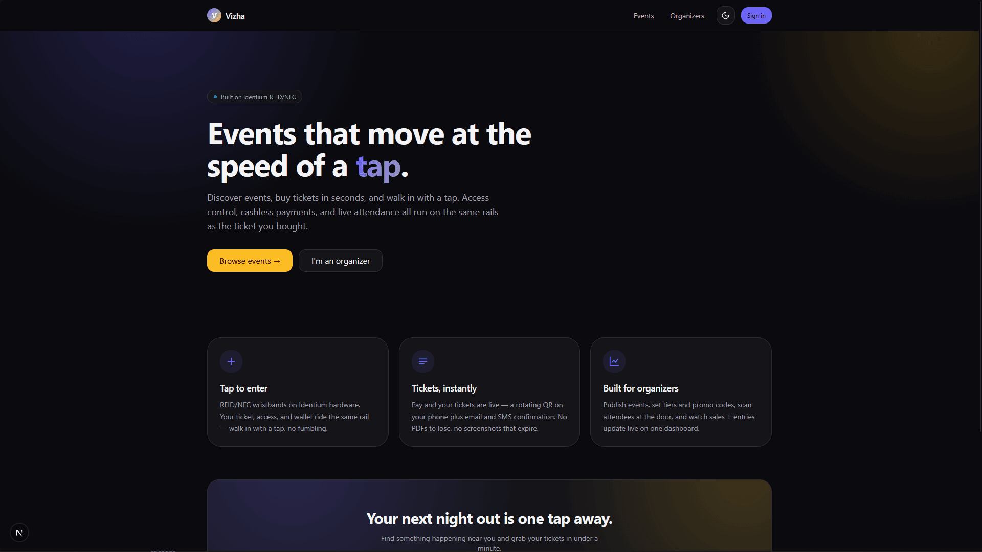 Vizha landing page: events that move at the speed of a tap, built on Identium RFID/NFC