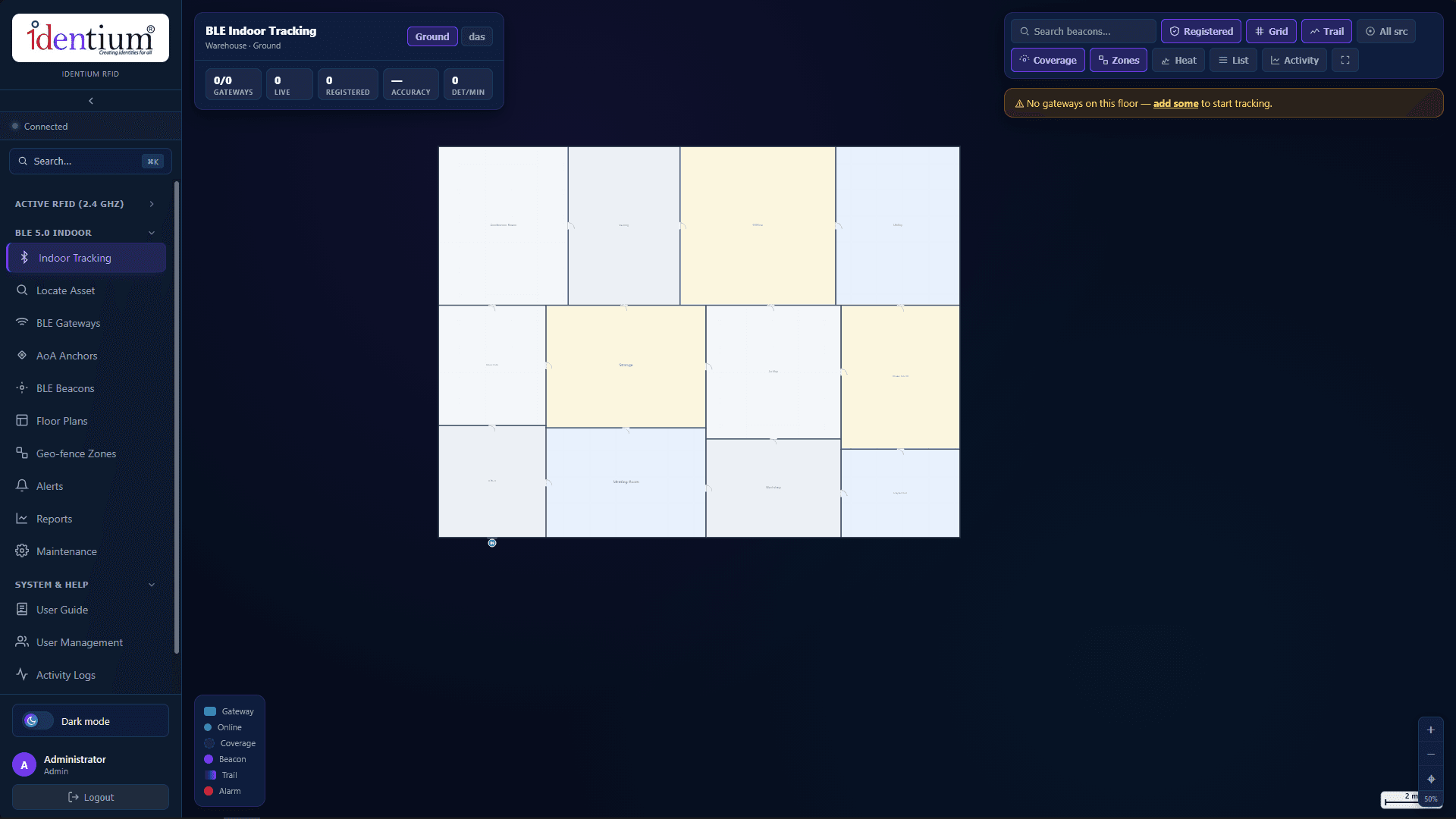 BLE 5.0 indoor tracking floor plan with coverage and geo-fence zones
