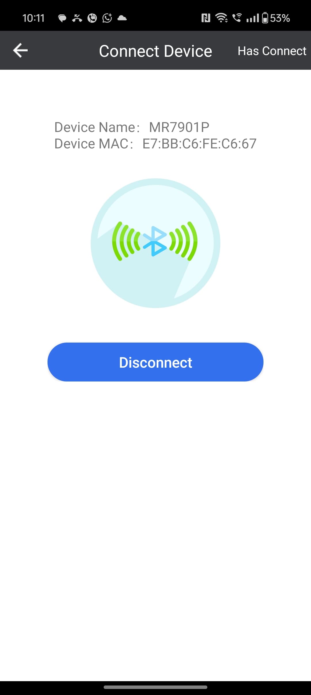 BLE connection screen with MR7901P reader attached