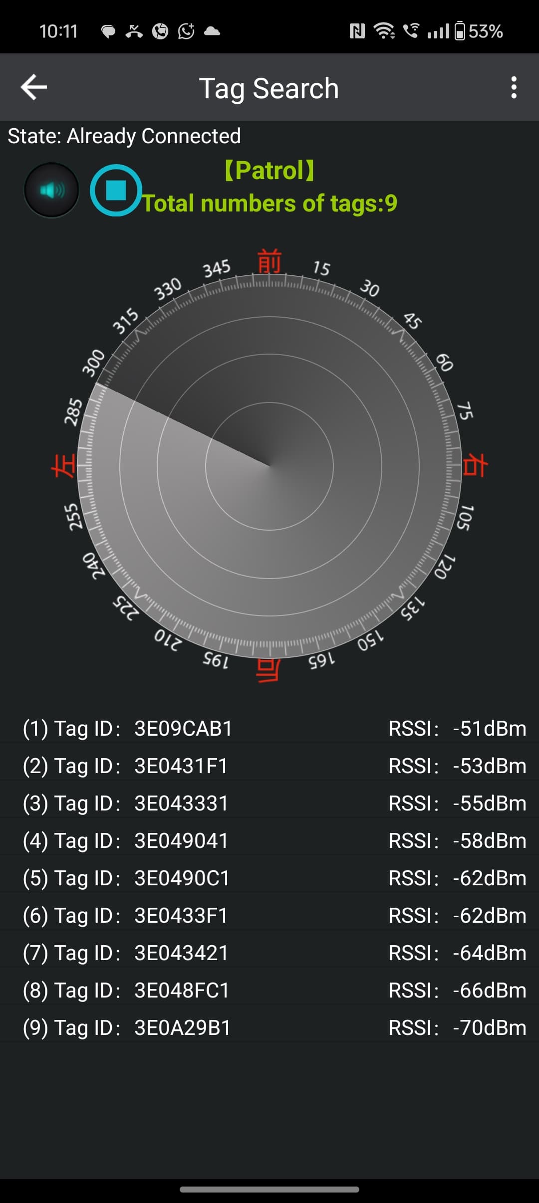 Handheld tag search radar in patrol mode with live RSSI list