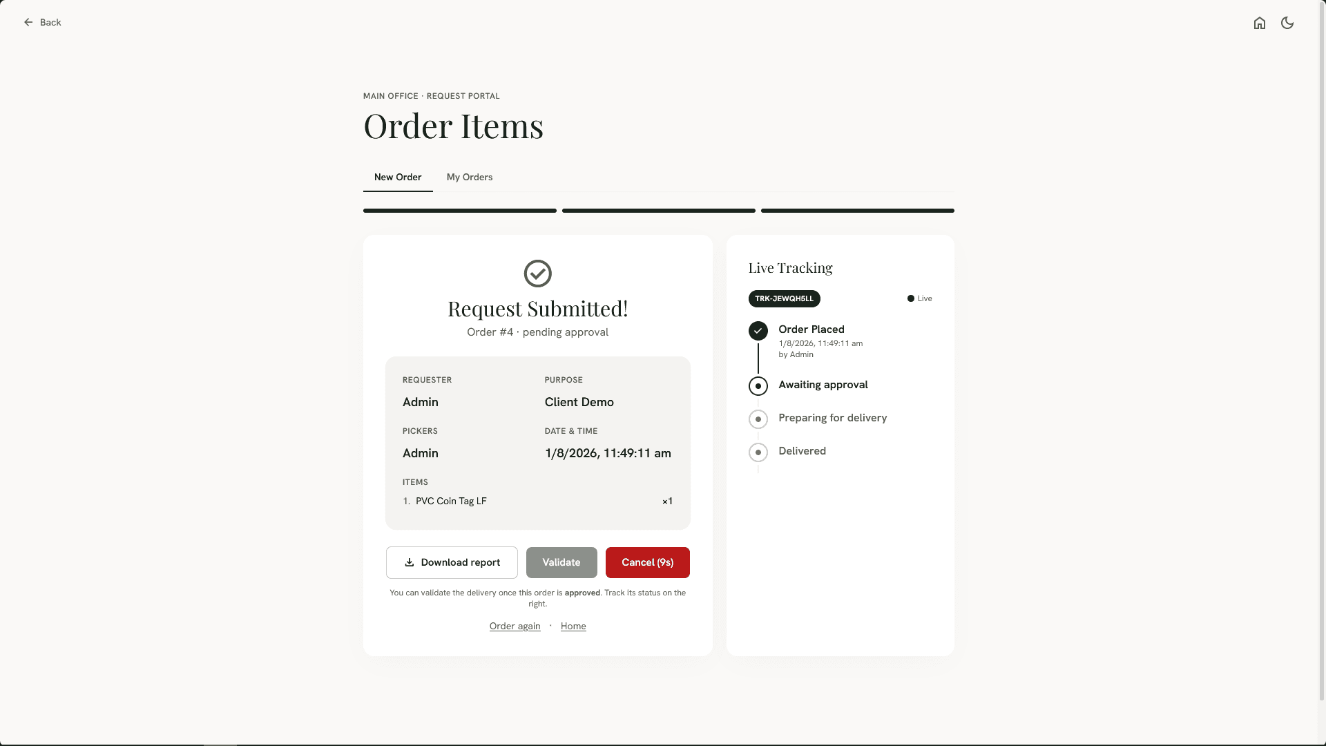 Order confirmation with the crate to collect from