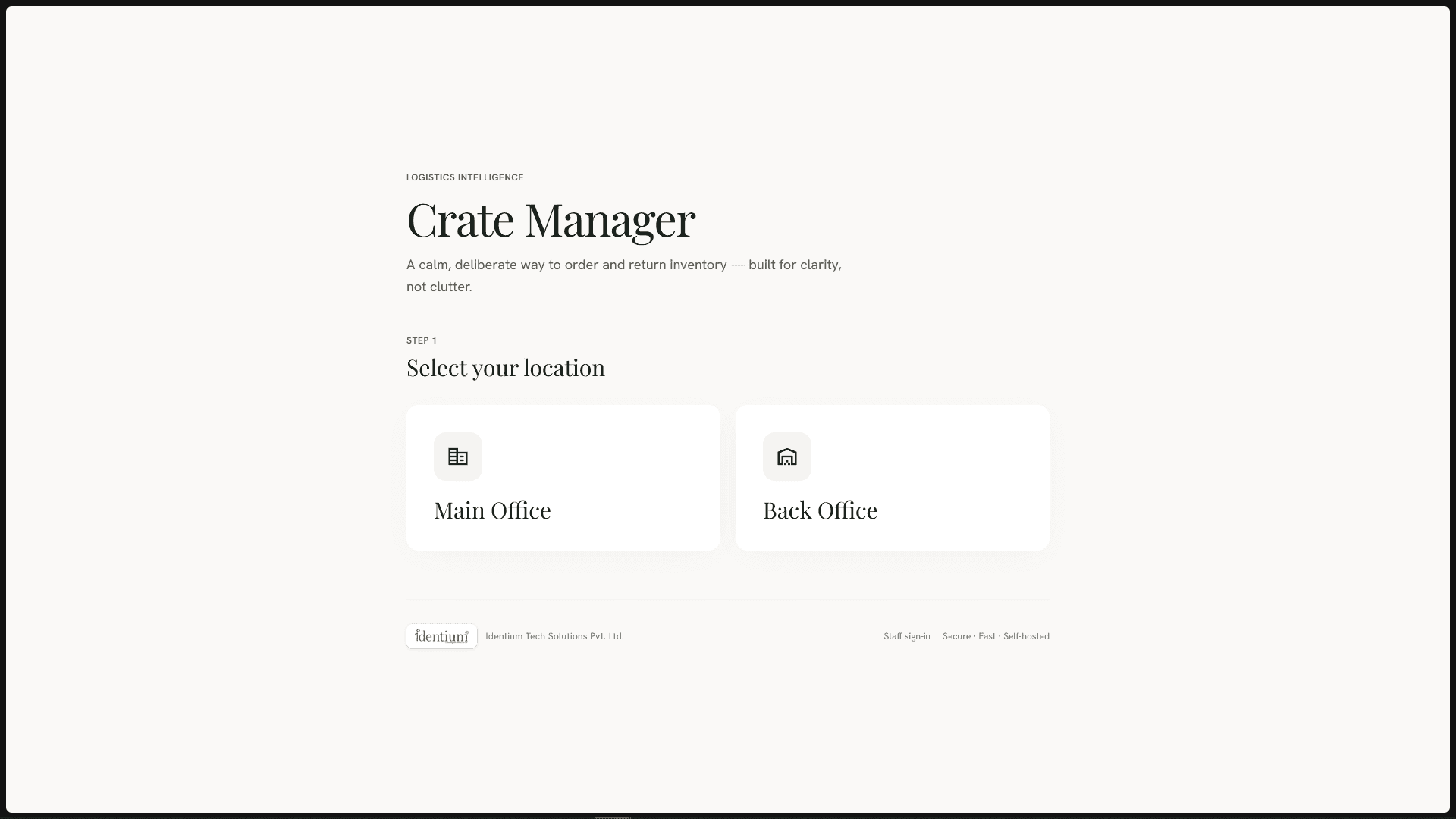 Crate Manager kiosk home, the Take and Add entry point