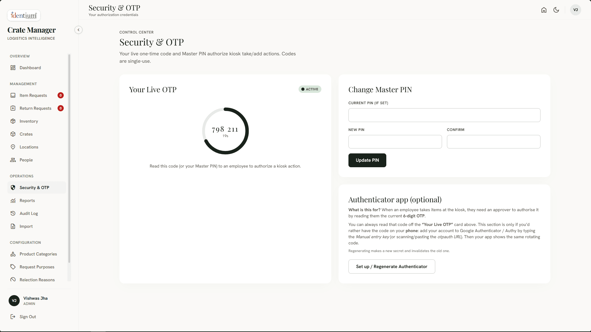 Rotating OTP approval screen at the kiosk