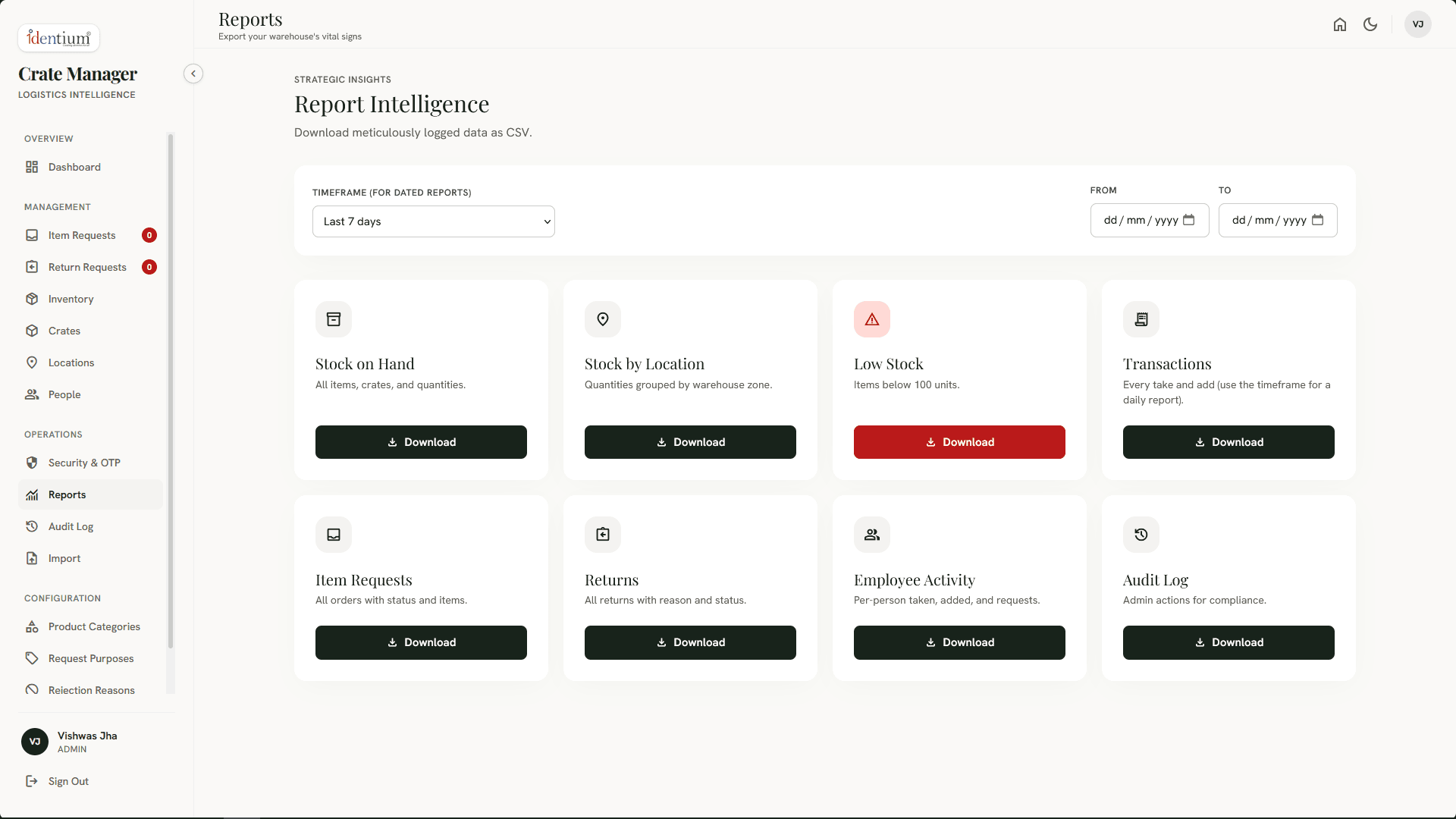 Crate Manager reports and exports