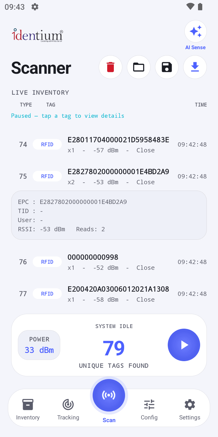 CX Flow Pro live scanner: 79 unique tags, RSSI and read counts per EPC