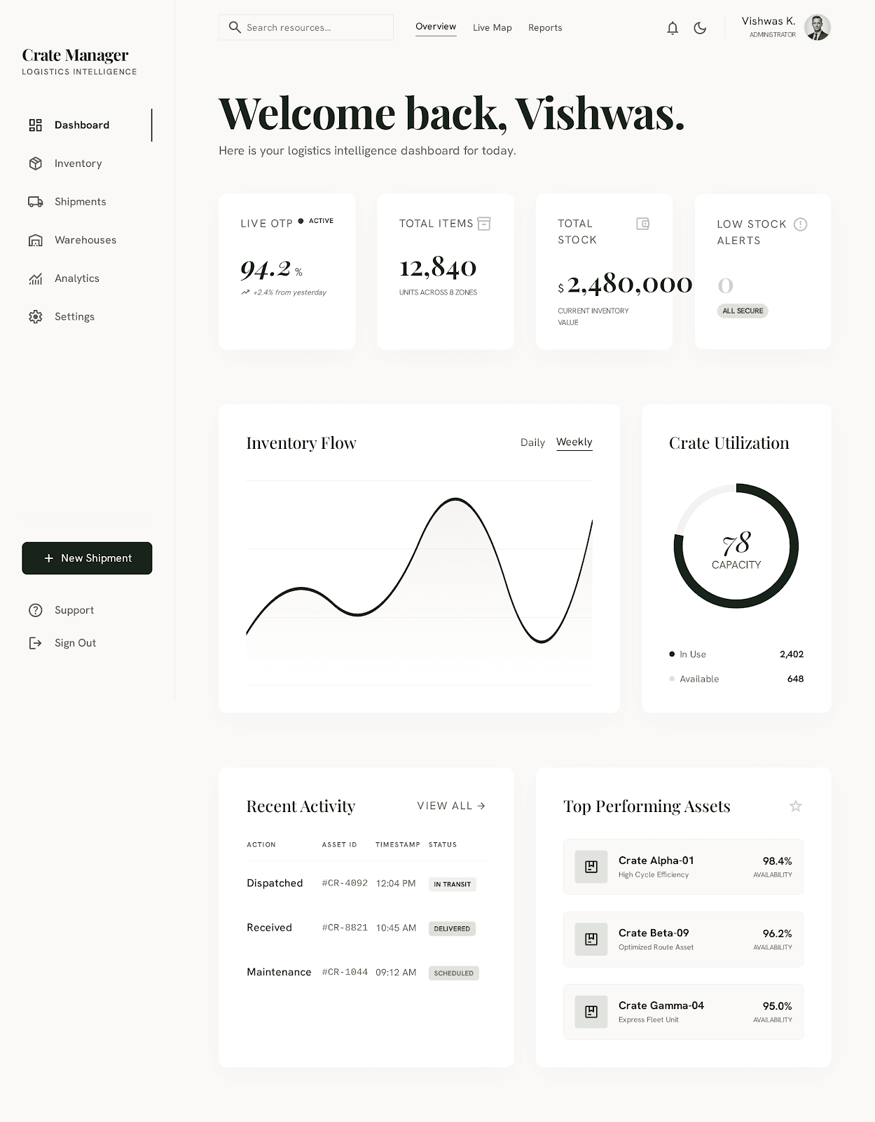 Crates Manager: Fluid design system dashboard