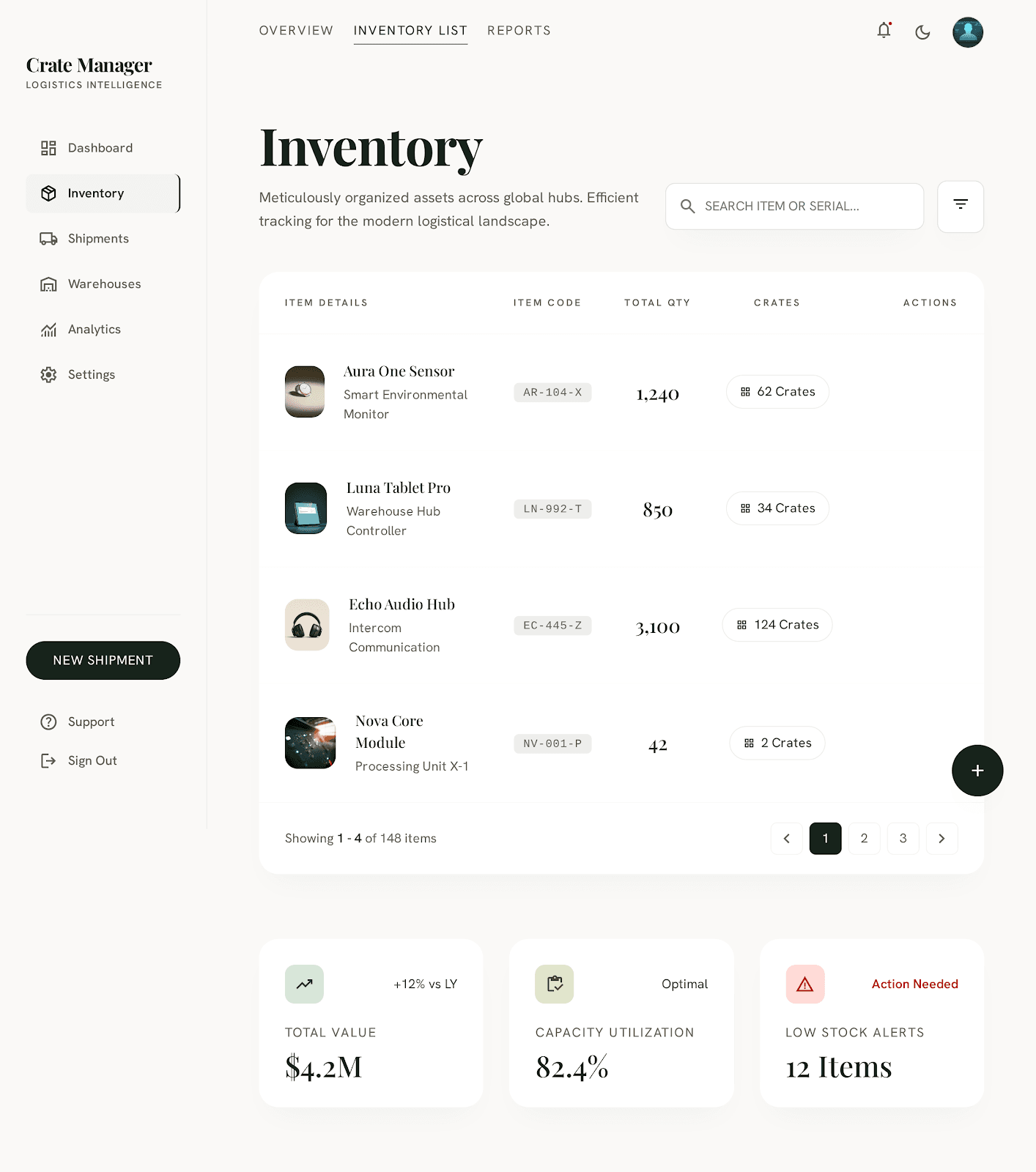 Crates Manager: inventory management screen