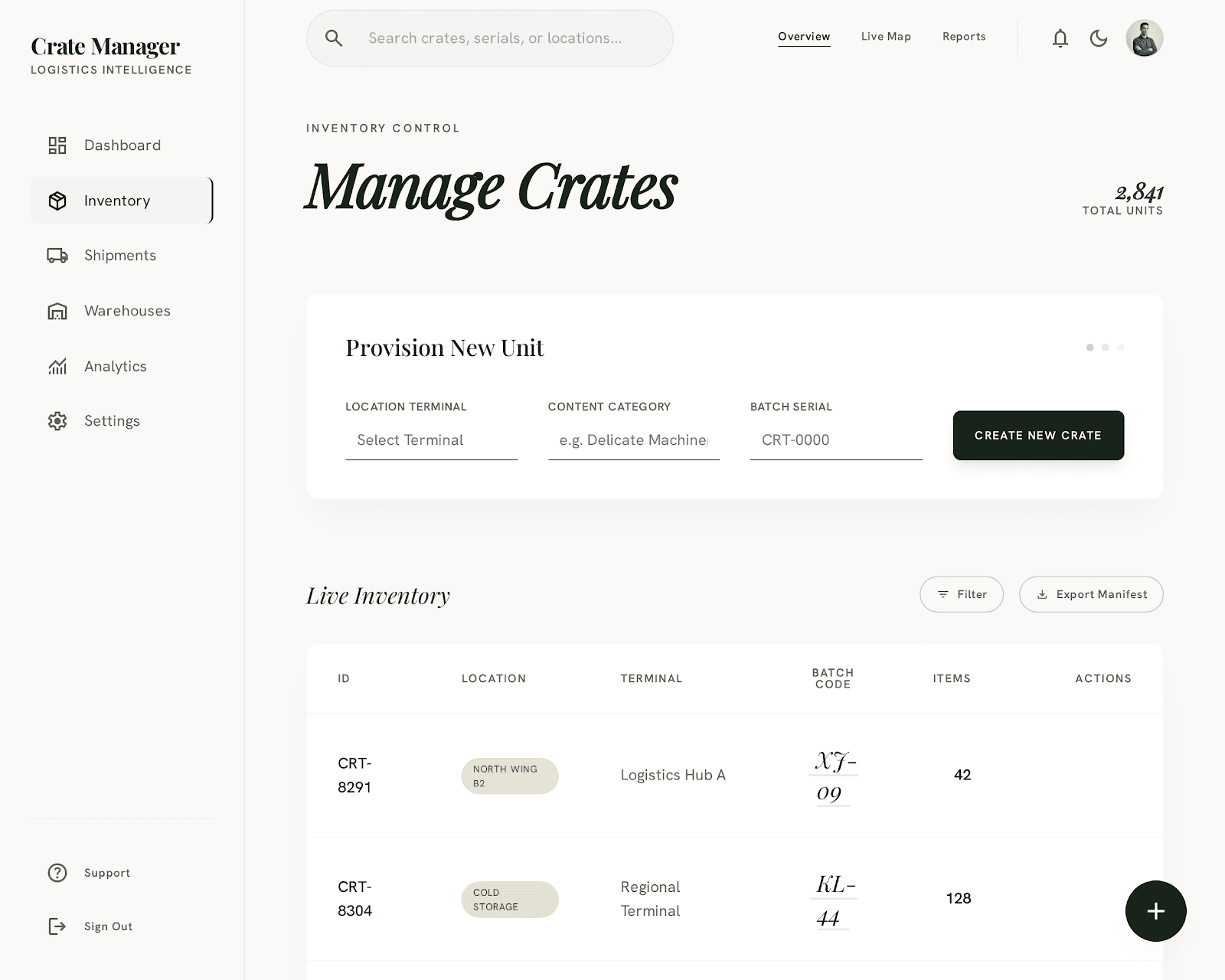 Crates Manager: crate management screen