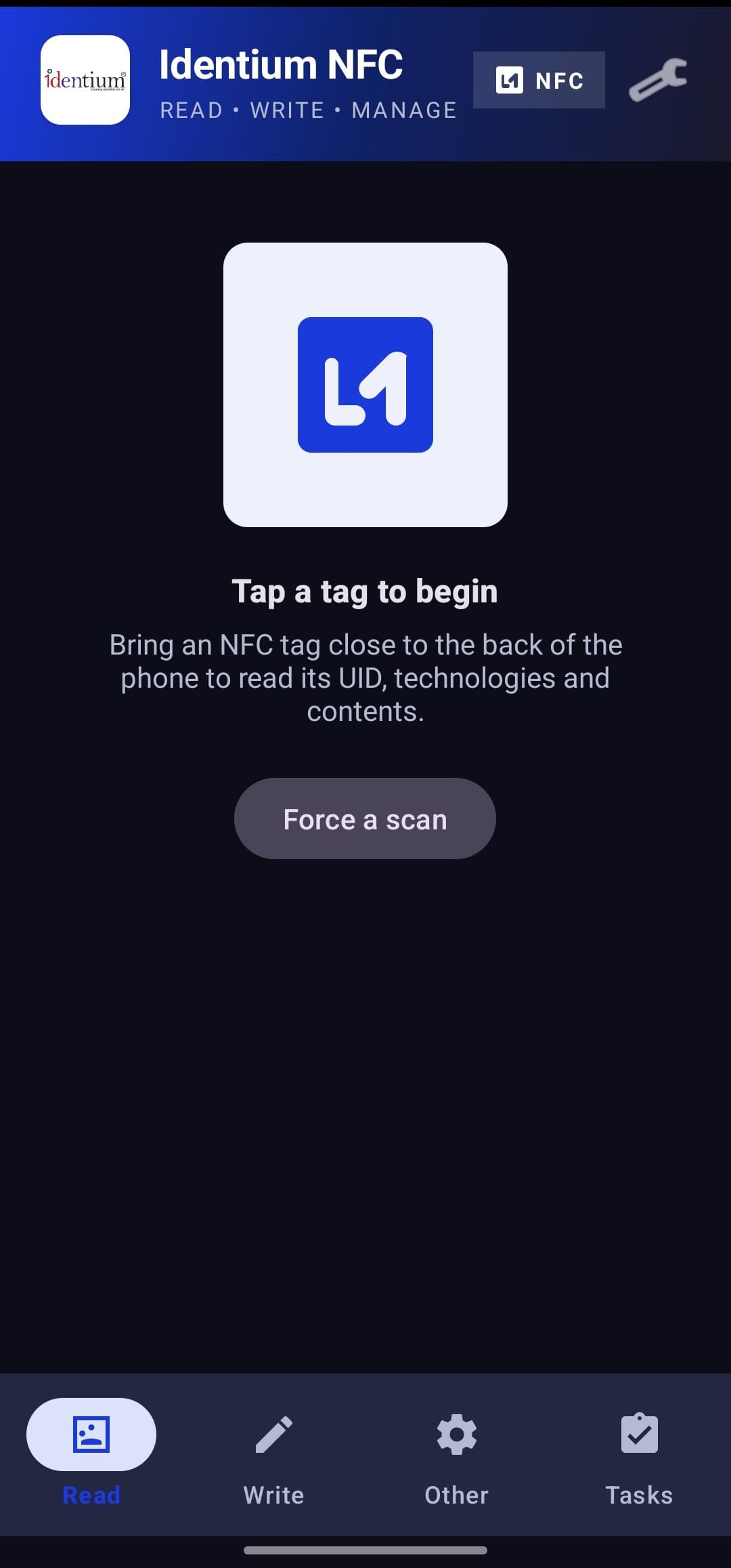 Identium NFC read screen, waiting for a tag