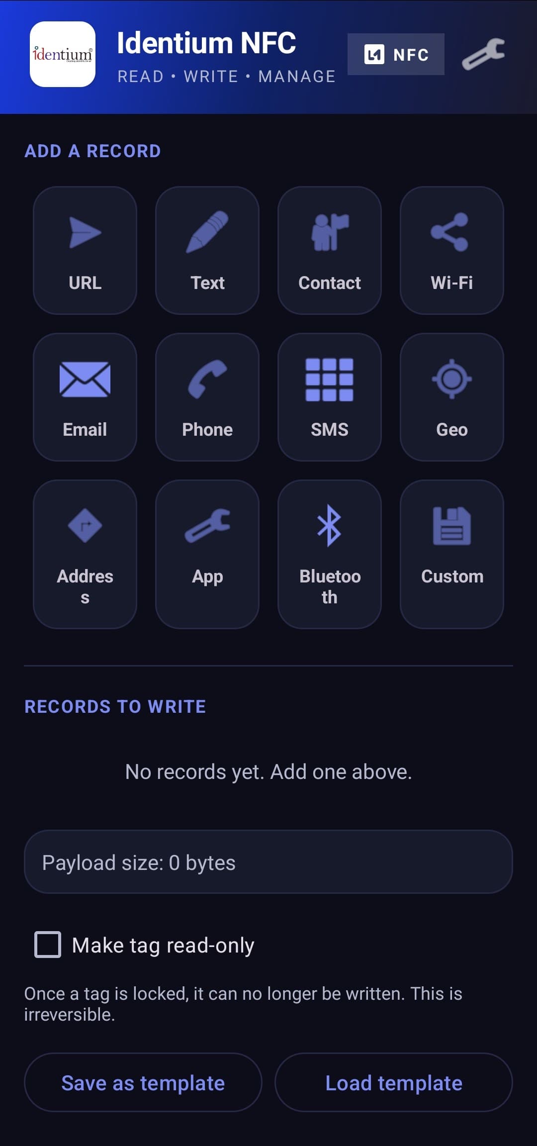 Identium NFC tag read result with UID and technologies