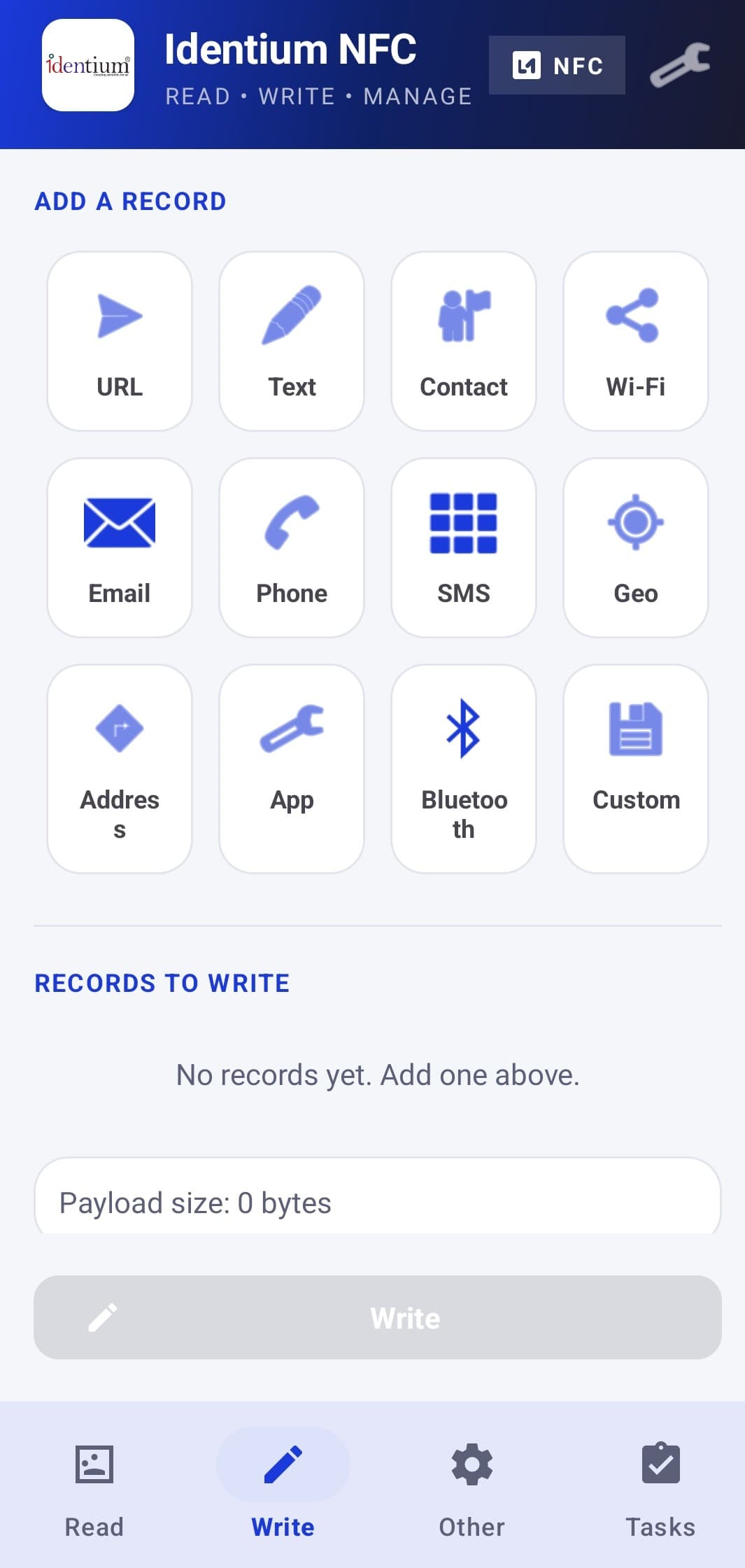 Identium NFC write screen with record types