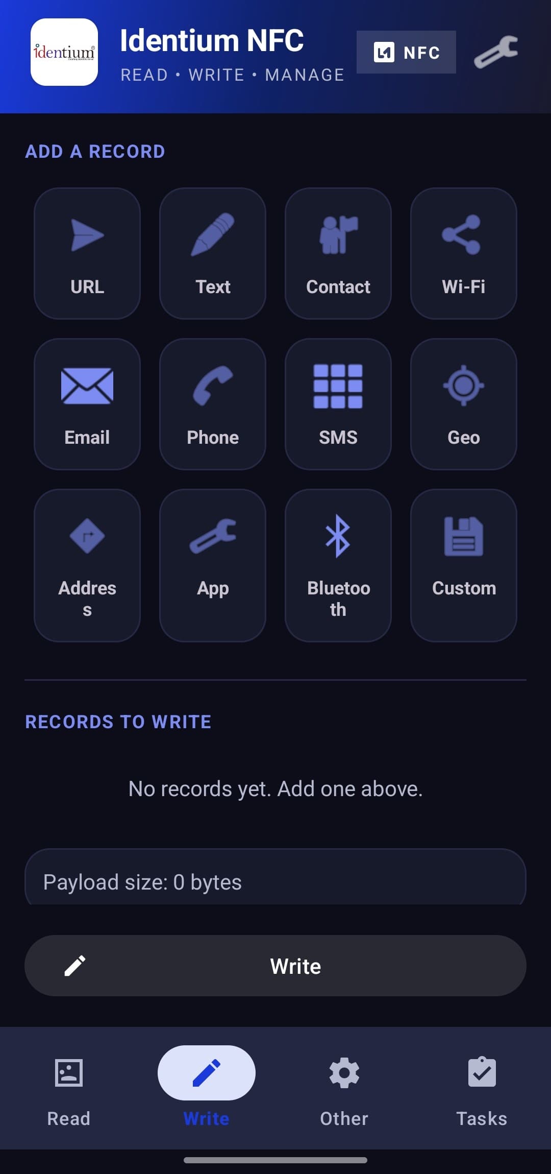 Identium NFC tasks and templates