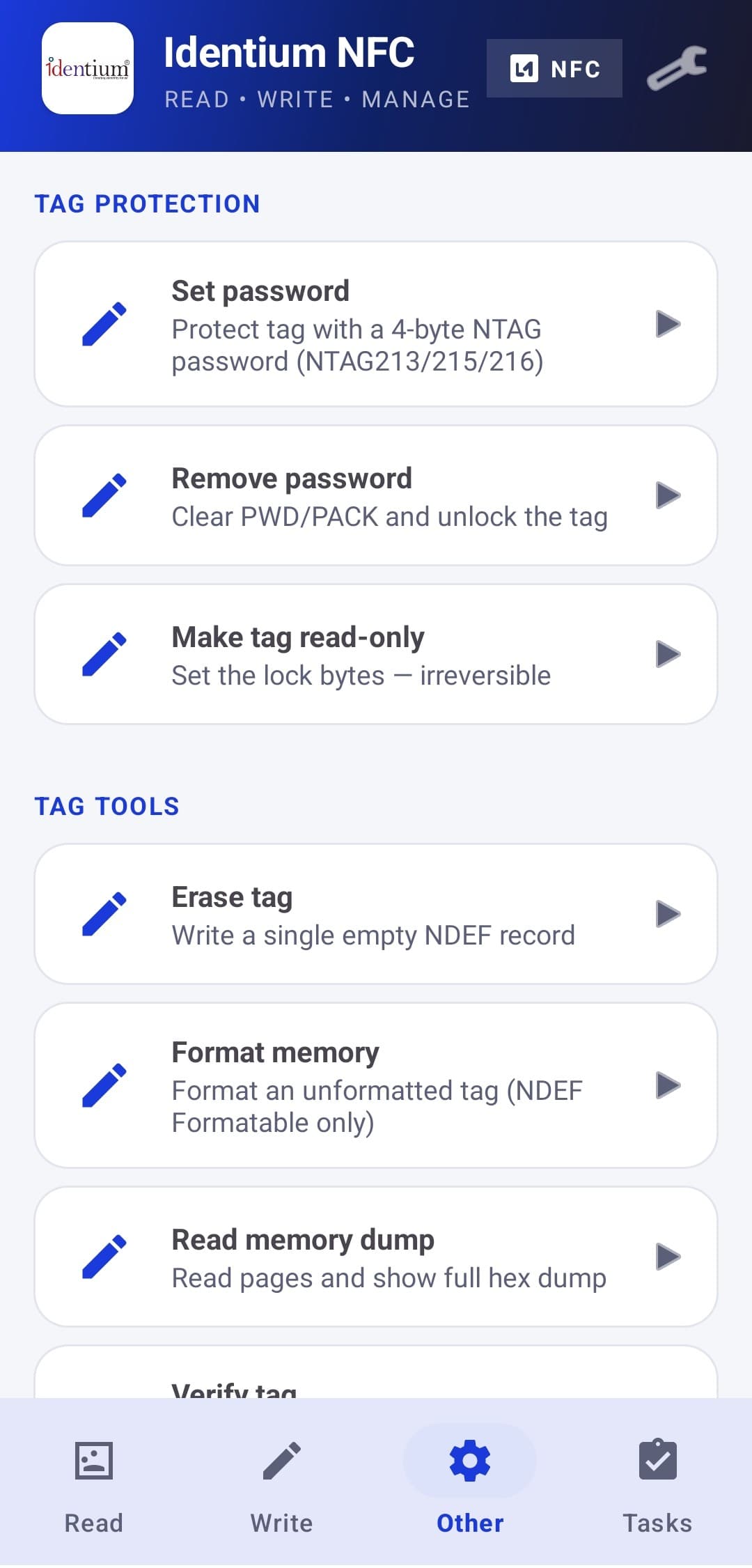 Identium NFC settings and tools