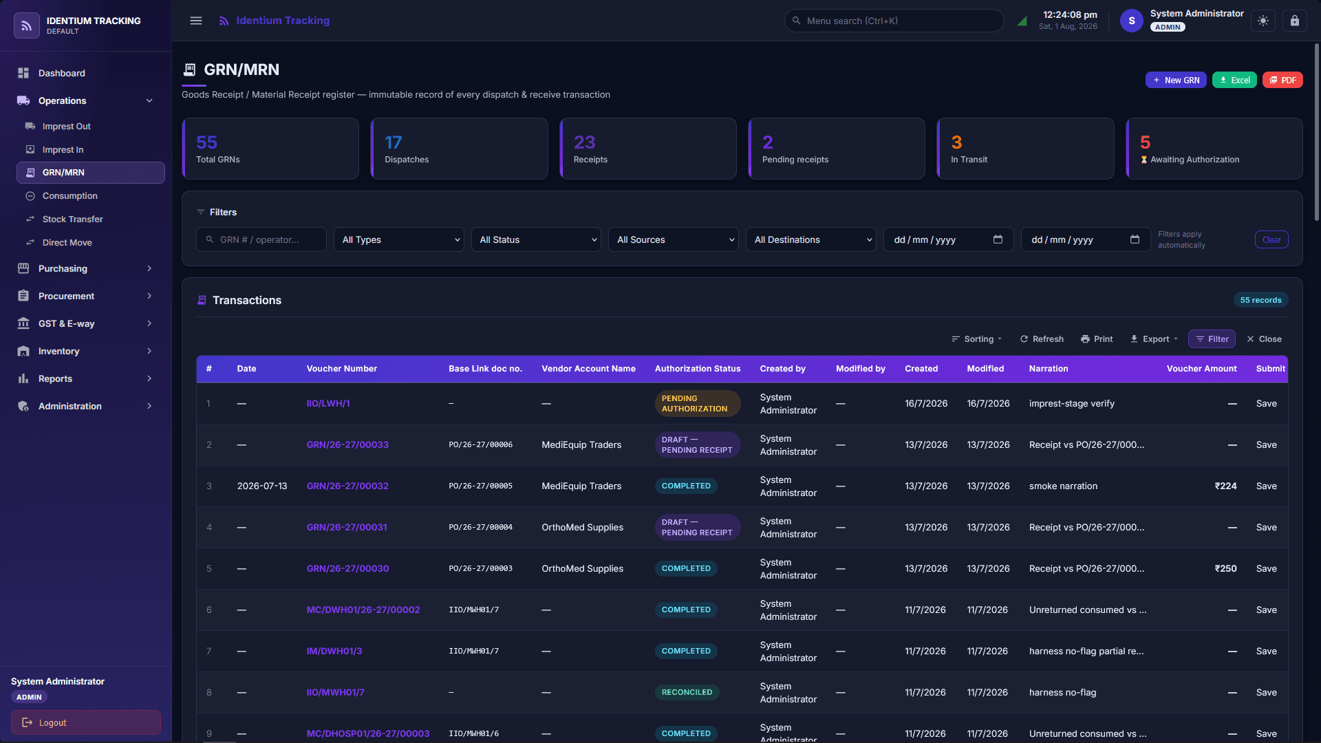 GRN and MRN register in dark mode, 55 vouchers with authorization state