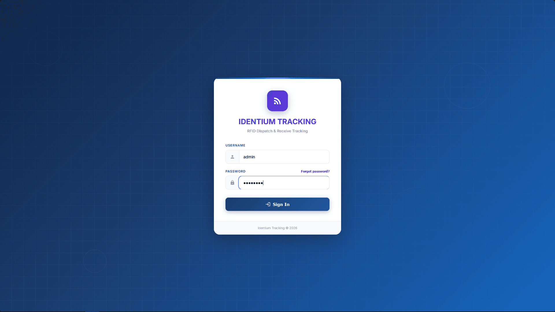 Identium Tracking sign-in screen