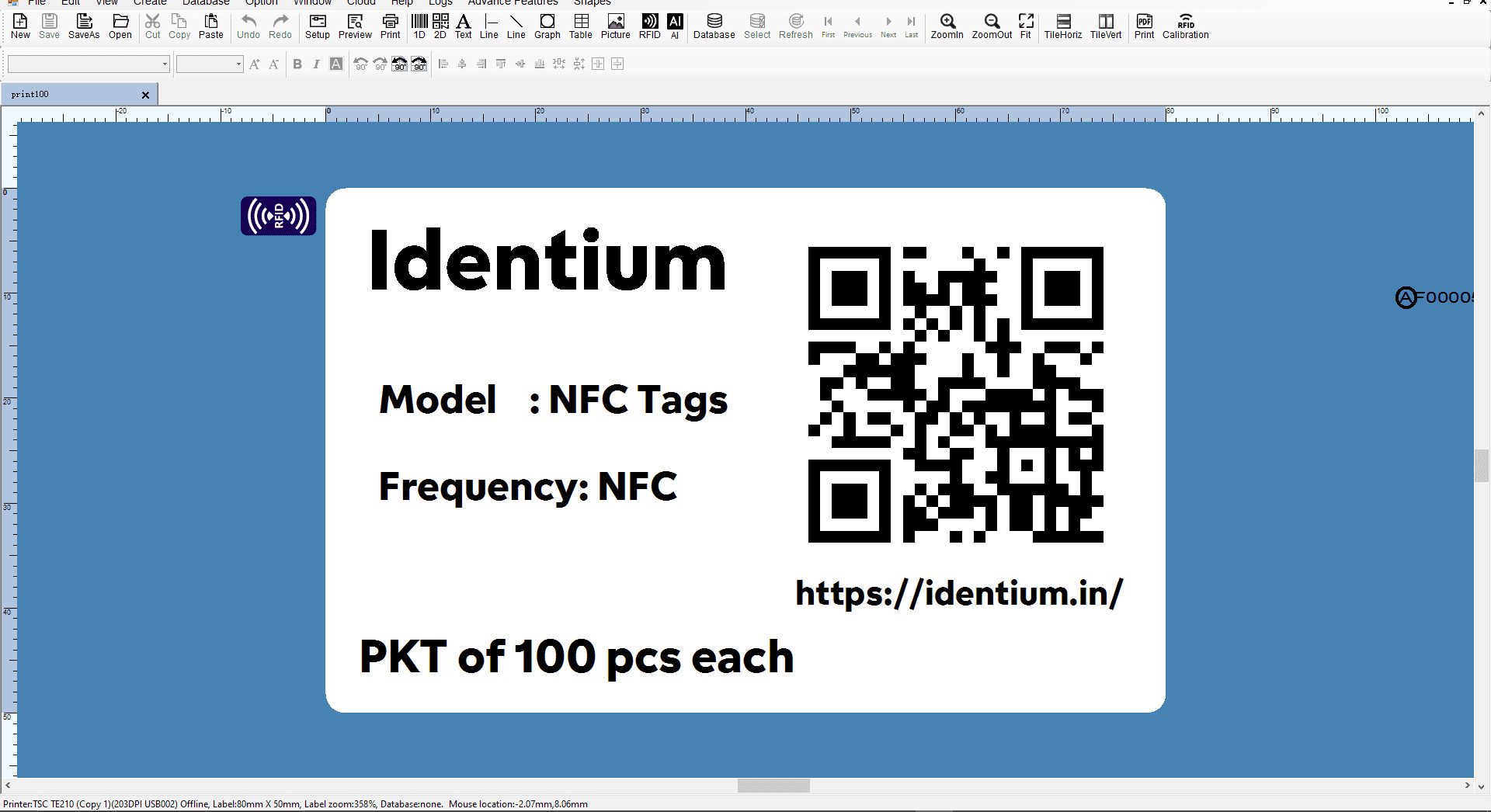 Identium Labelsoft designer: an 80 by 50 mm NFC tag label with barcode, RFID and QR tools in the ribbon