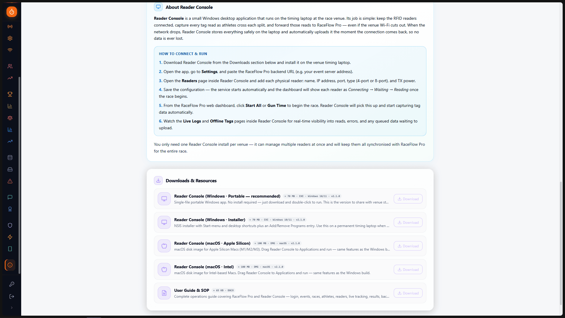 RaceFlow Pro with collapsed navigation