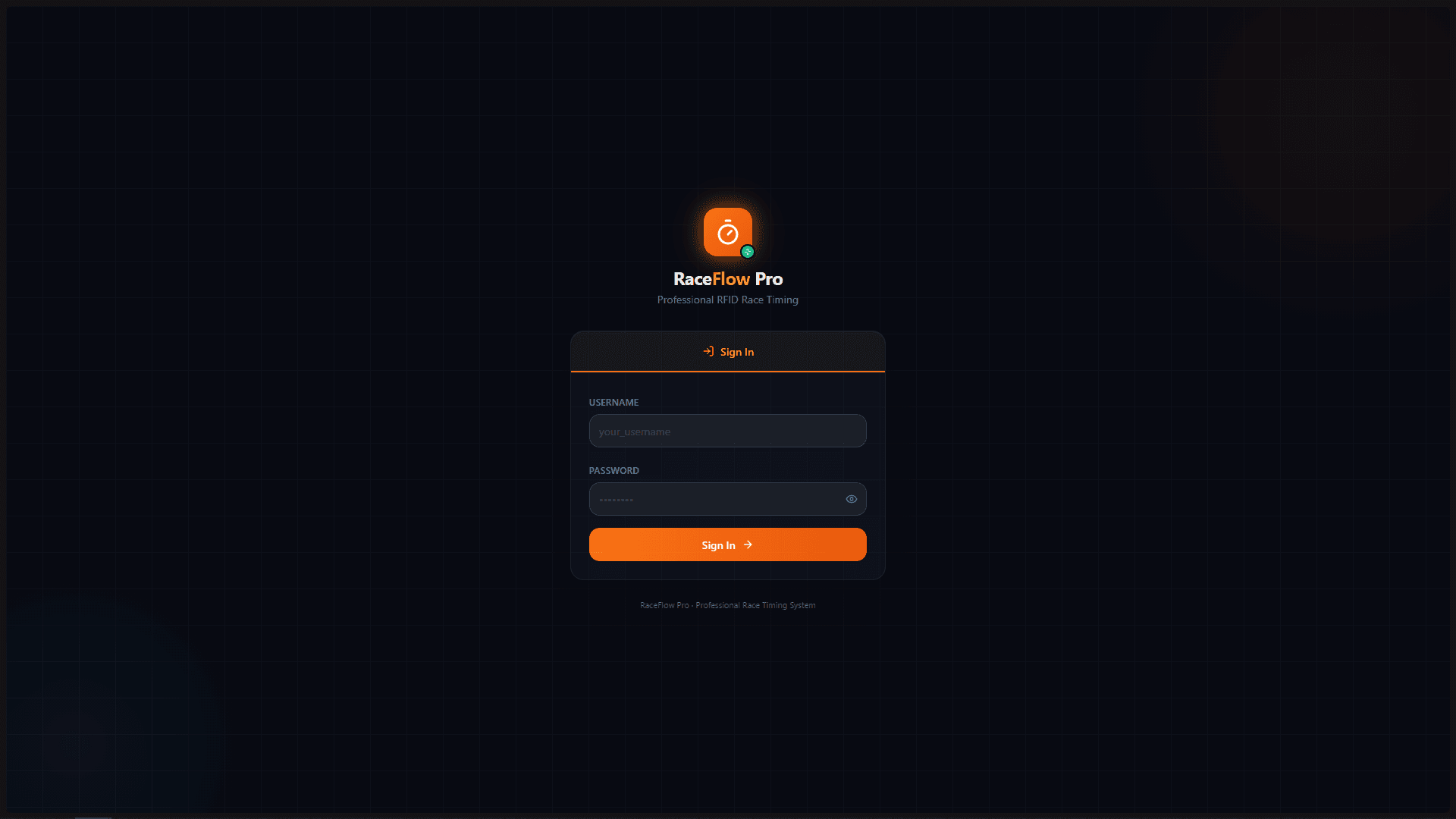 RaceFlow Pro login screen