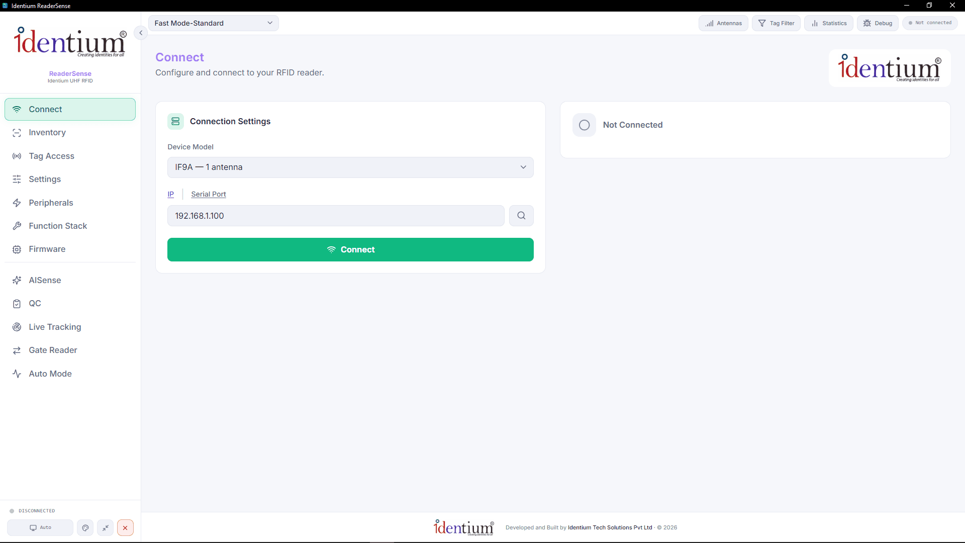 Connection settings for an IF9A reader over IP or serial