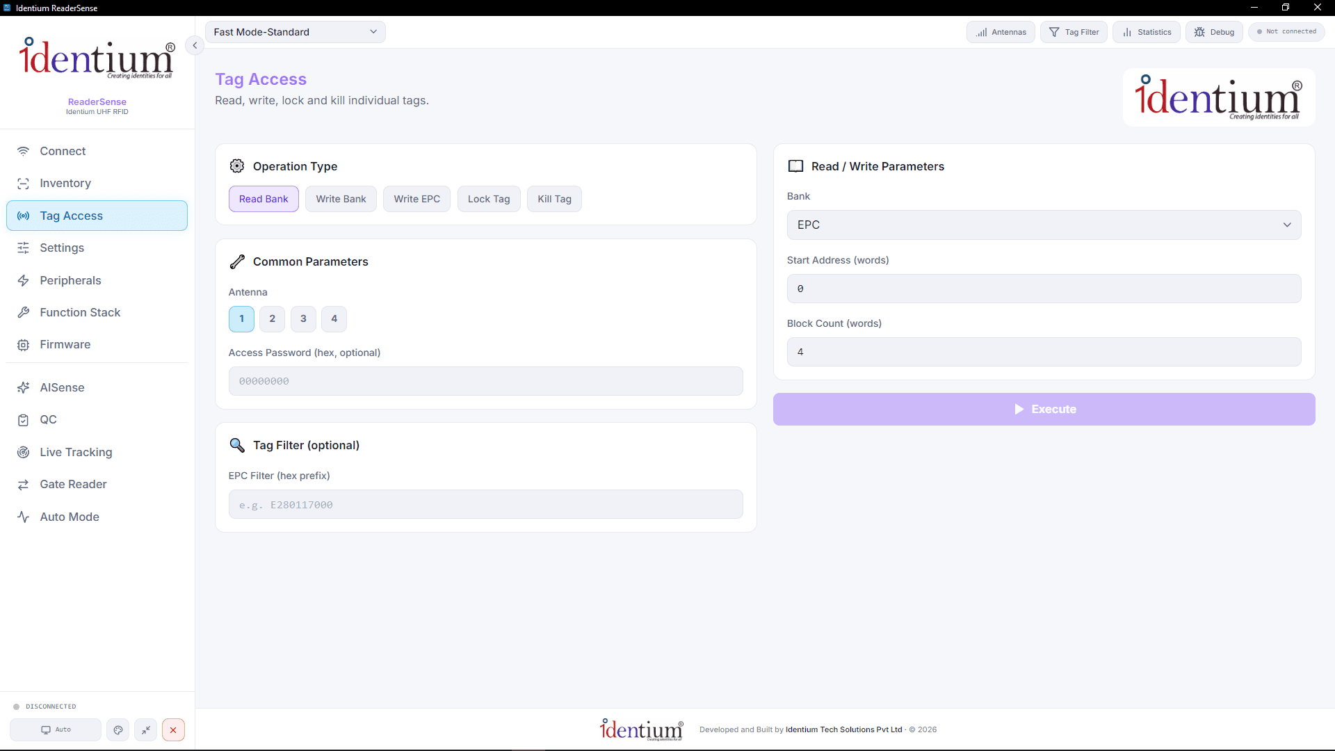 Tag access: read, write, lock and kill operations across memory banks