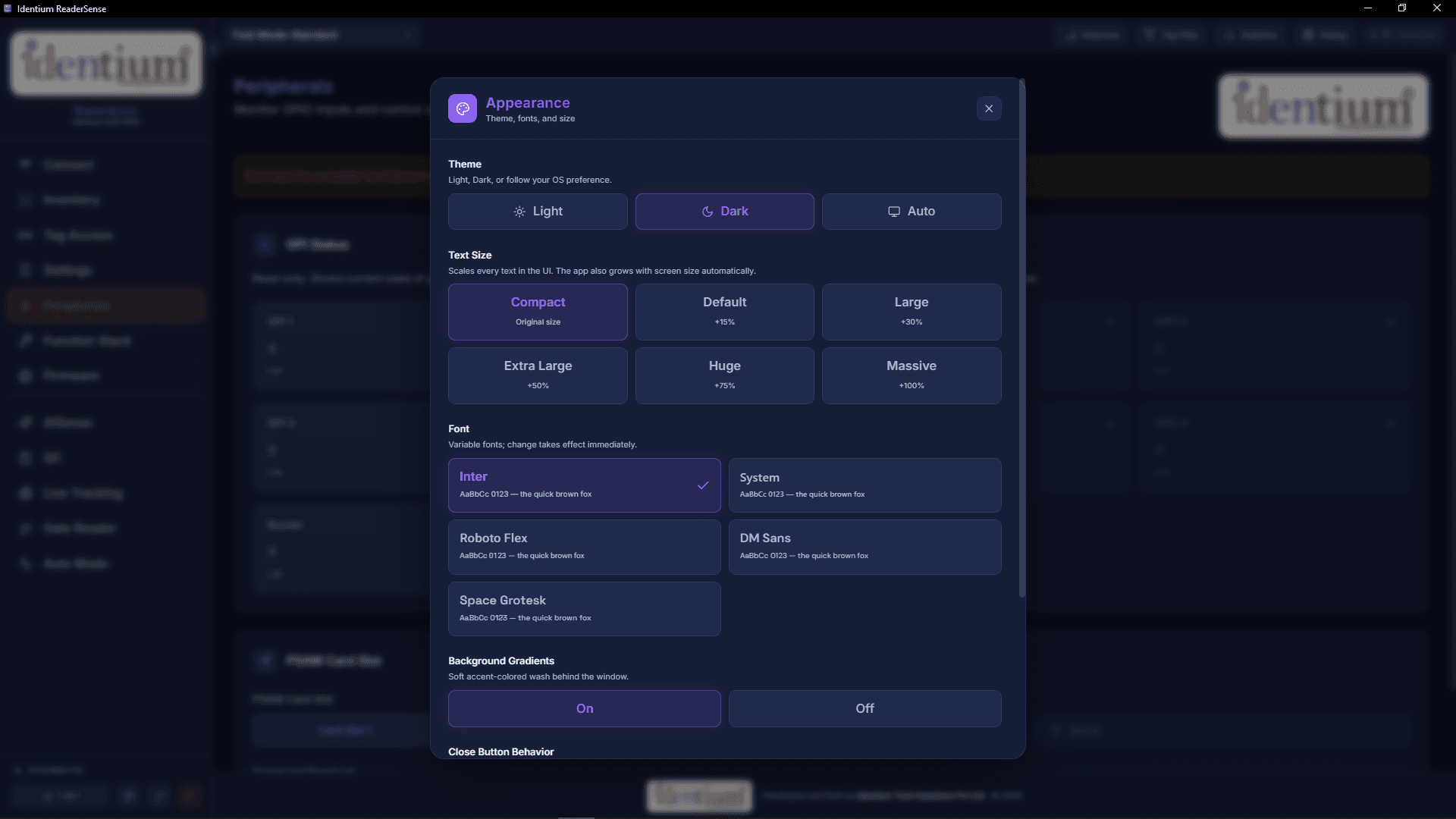 Appearance preferences: light/dark themes, six text sizes and five typefaces