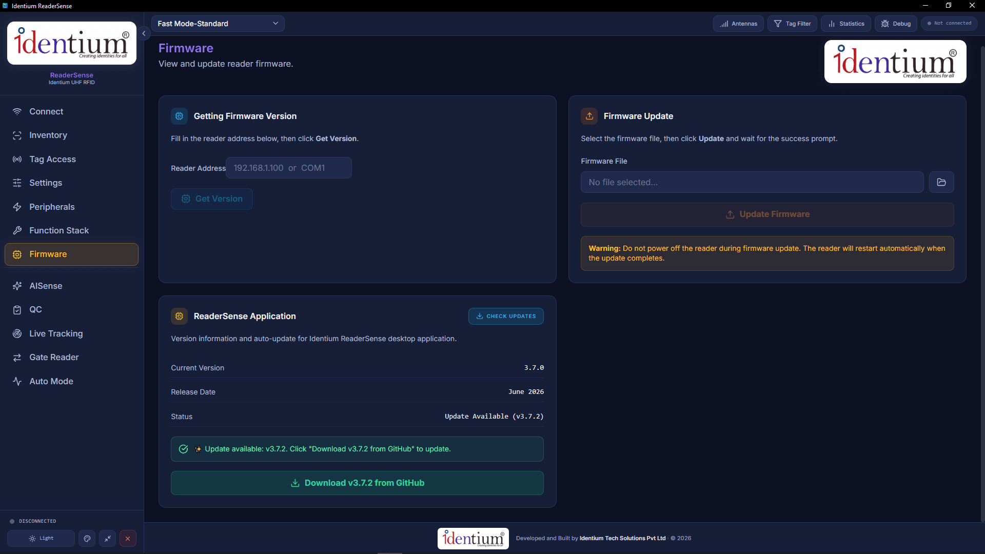 Firmware page with the in-app updater and version 3.7.0 installed