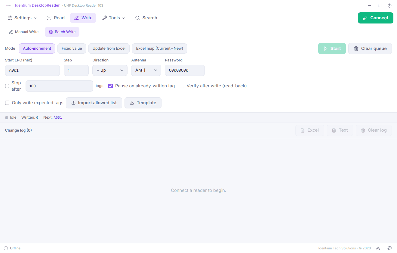 Batch write engine: auto-increment, fixed value and Excel current-to-new mapping with verify after write