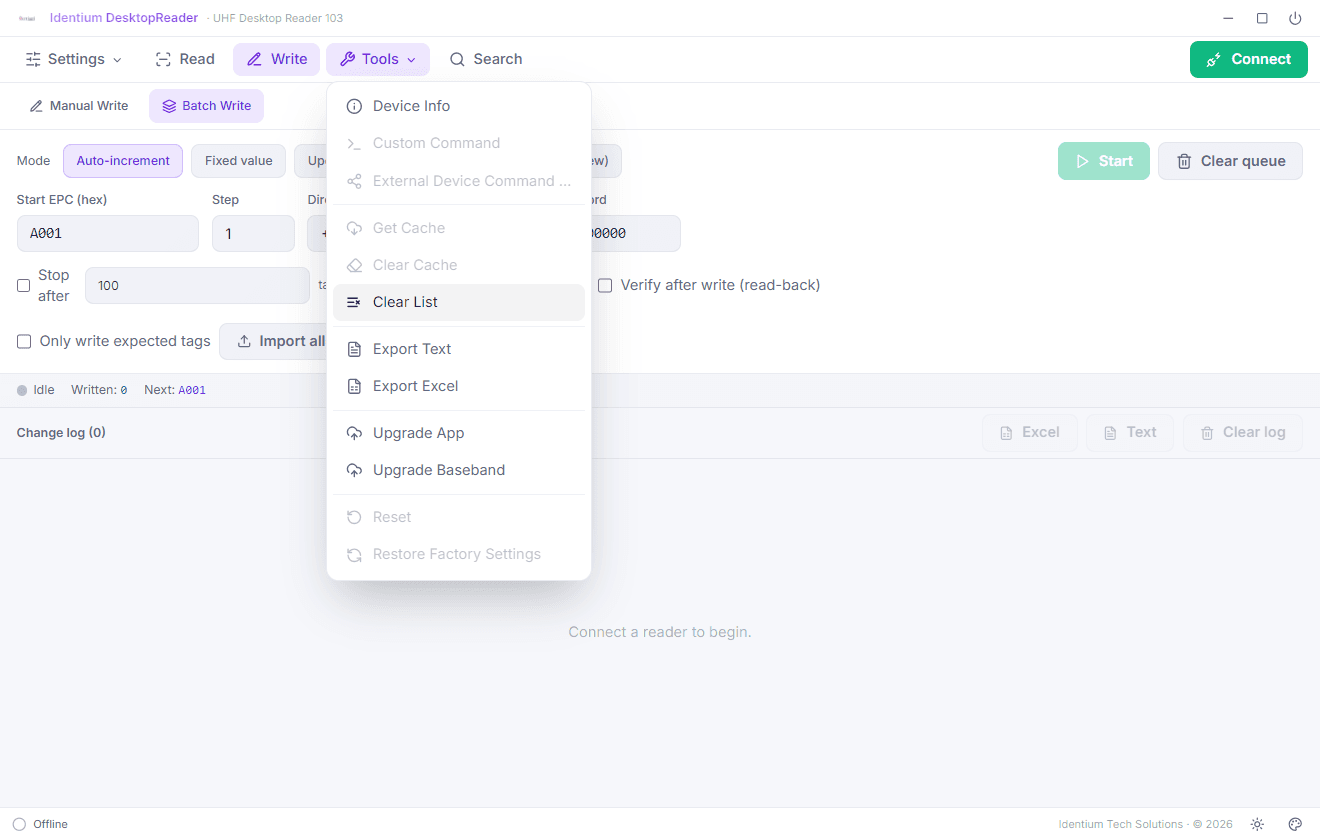 Tools menu: device info, custom commands, exports and firmware upgrade