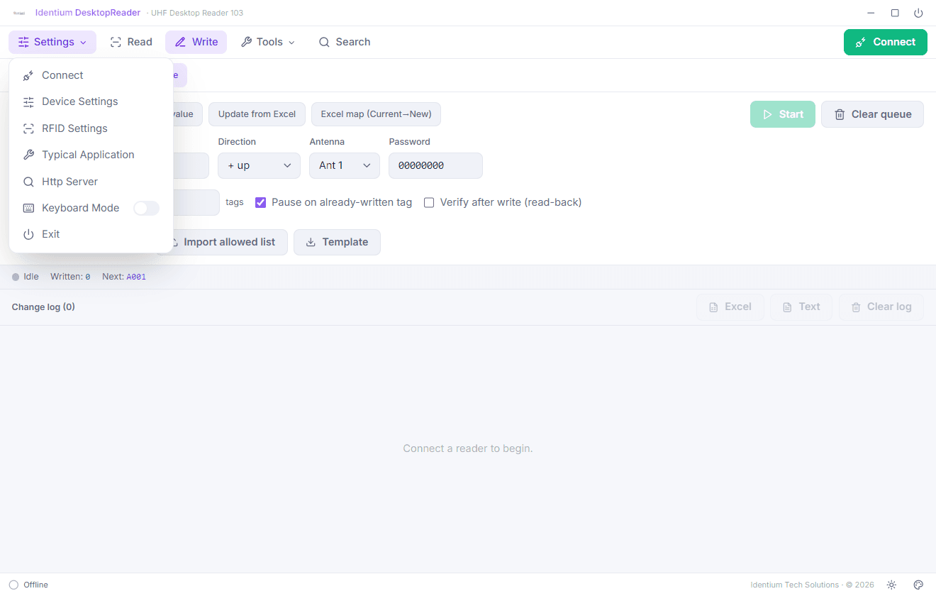 Settings menu: device, RFID, HTTP server and keyboard mode