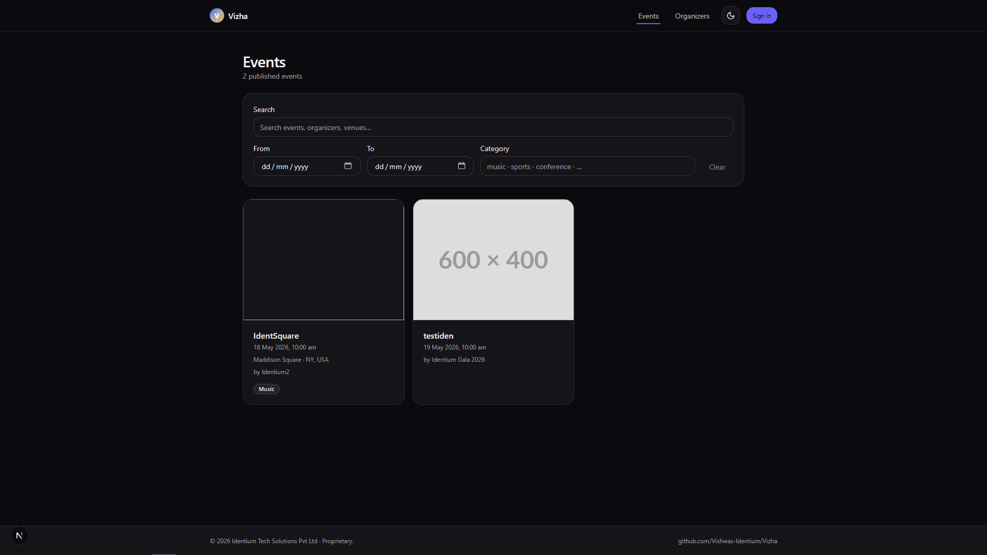 Public events browser with date and category filters