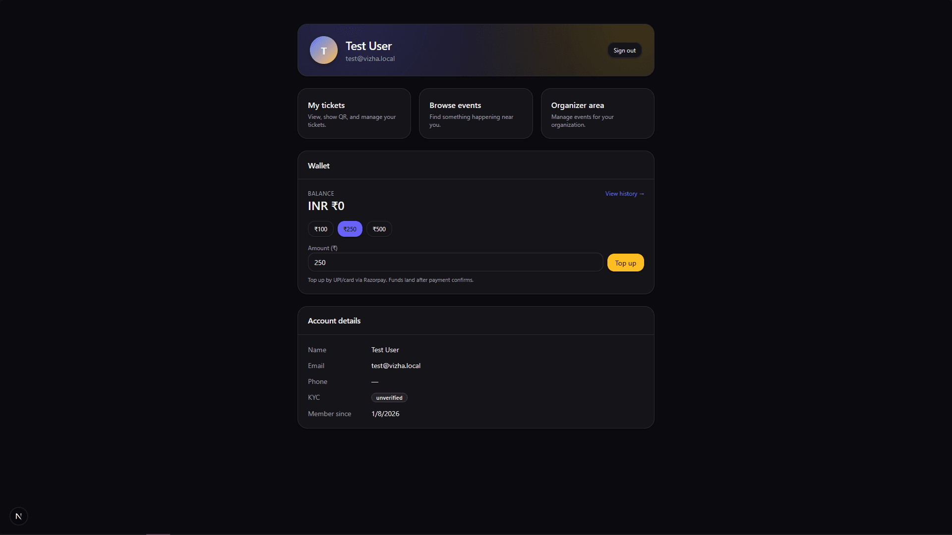 Attendee account with tickets, a cashless wallet and Razorpay top-ups